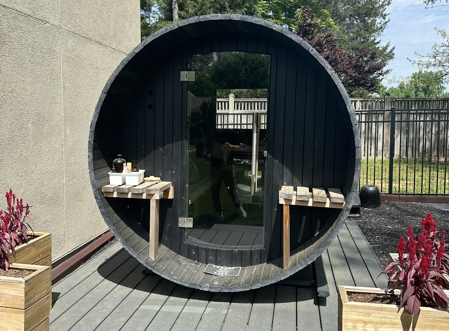 A sauna elegantly placed on a wooden deck